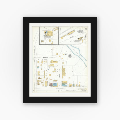 Old map wall art mockup — black gallery frame with white mat — Sanborn Fire Insurance Map from San Angelo, Tom Green County, Texas (1908), Sheet #0012