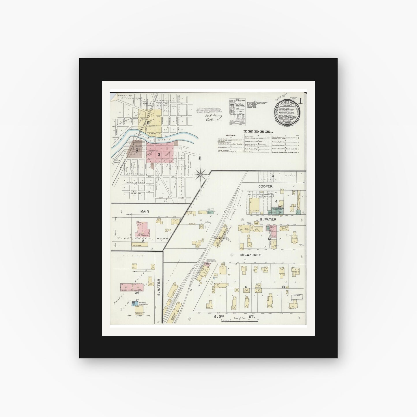 Old map wall art mockup — black gallery frame with white mat — Sanborn Fire Insurance Map from Fort Atkinson, Jefferson County, Wisconsin (1892) - Complete Map Set
