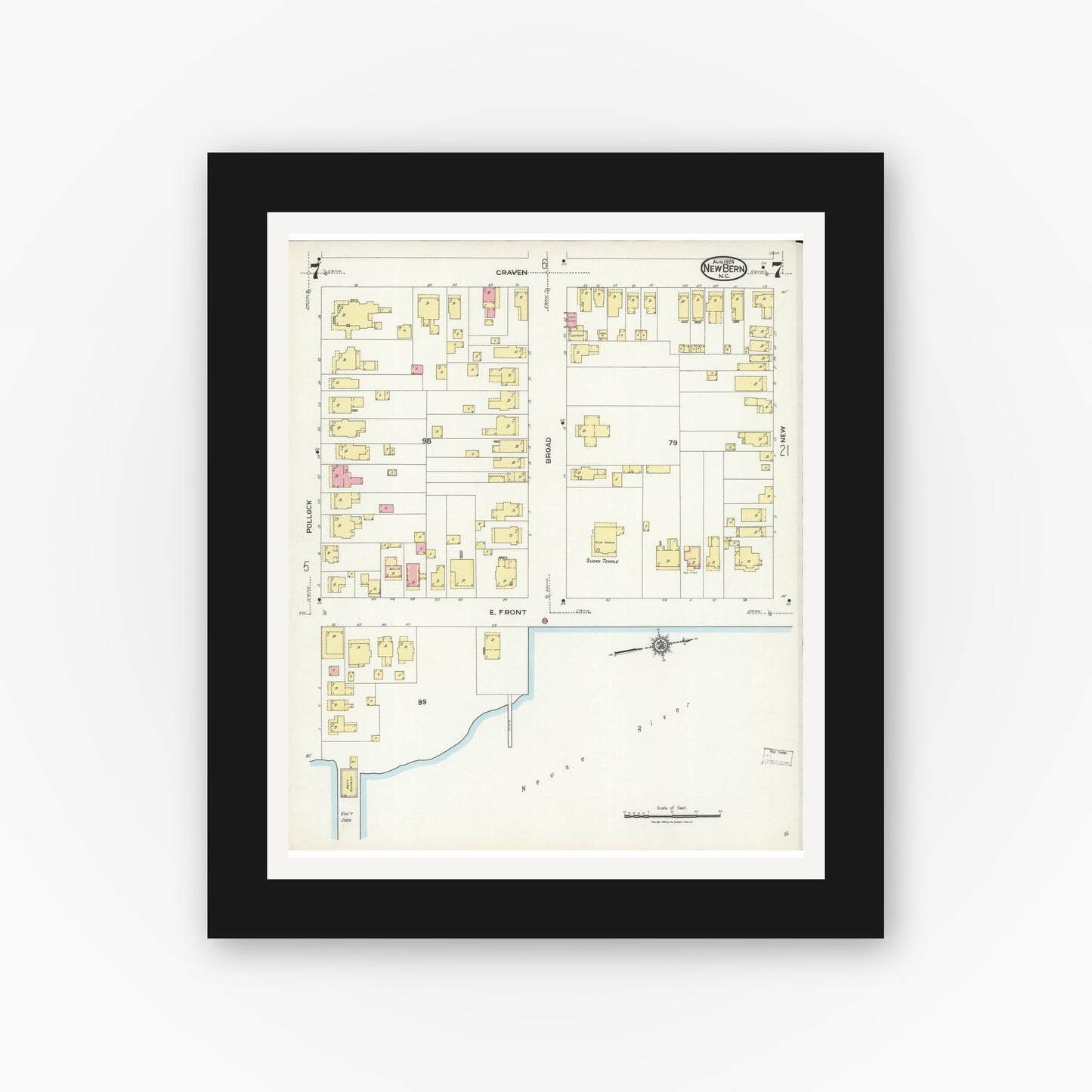 Old map wall art mockup — black gallery frame with white mat — Sanborn Fire Insurance Map from New Bern, Craven County, North Carolina (1924), Sheet #0007
