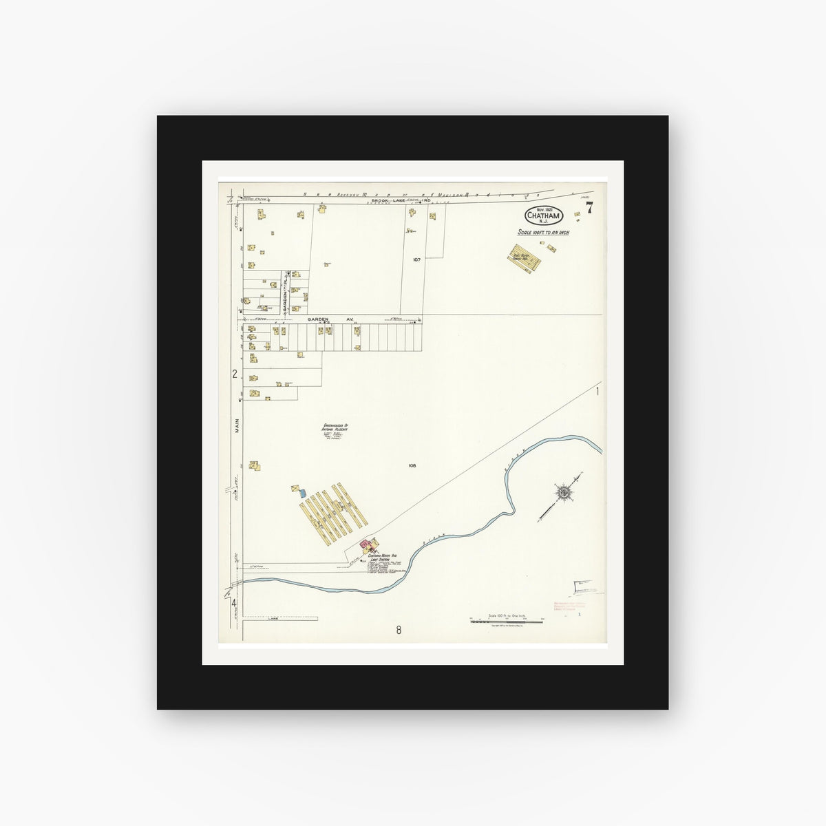 Old map wall art mockup — black gallery frame with white mat — Sanborn Fire Insurance Map from Chatham, Morris County, New Jersey (1921), Sheet #0007