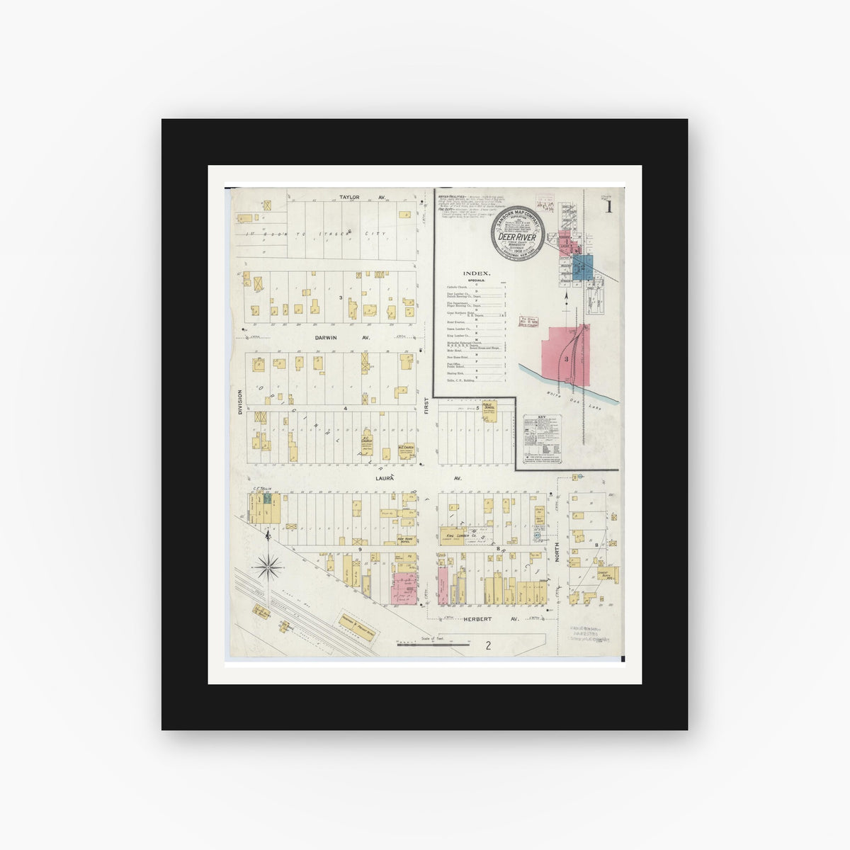 Old map wall art mockup — black gallery frame with white mat — Sanborn Fire Insurance Map from Deer River, Itasca County, Minnesota (1908) - Complete Map Set