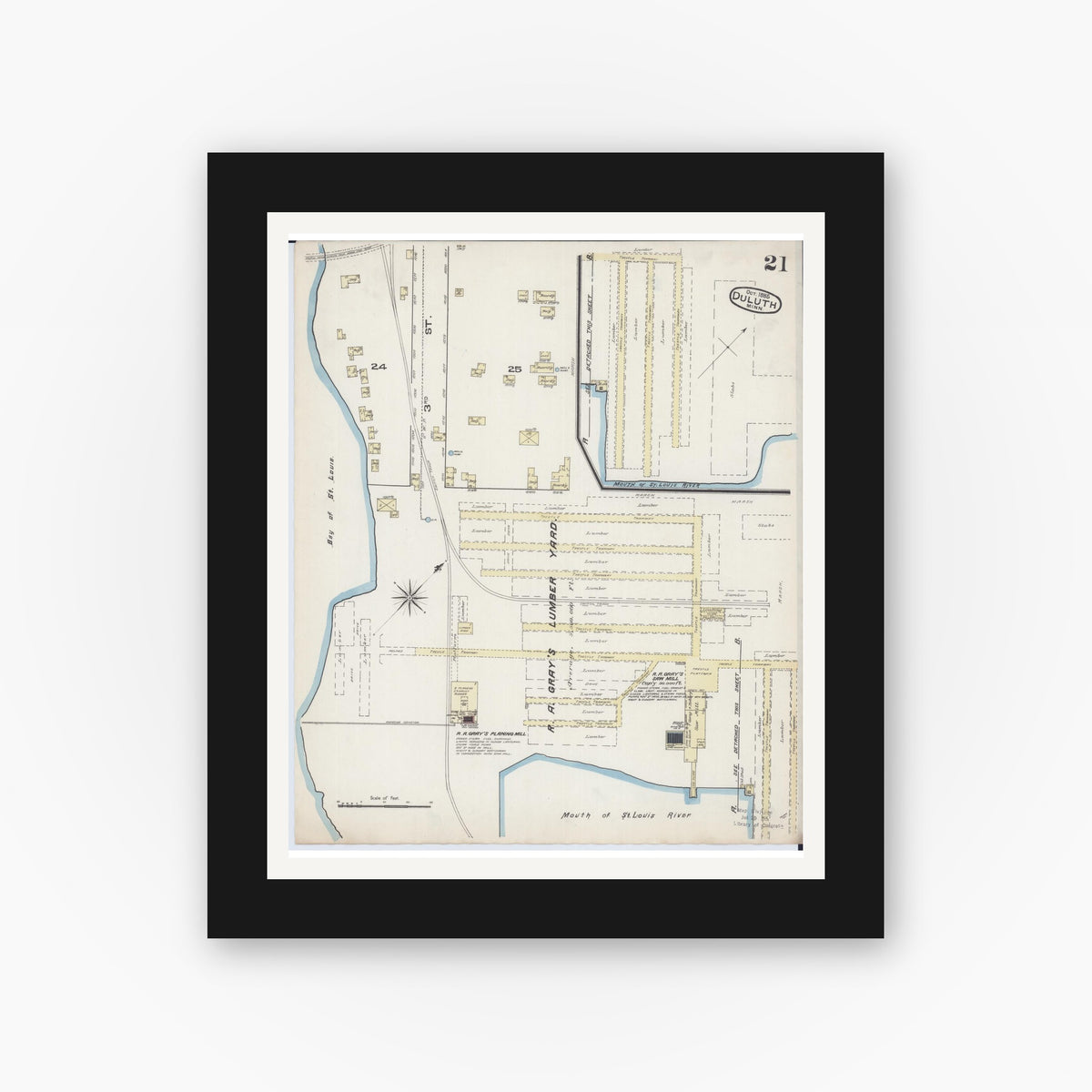 Old map wall art mockup — black gallery frame with white mat — Sanborn Fire Insurance Map from Duluth, Saint Louis County, Minnesota (1885), Sheet #0021