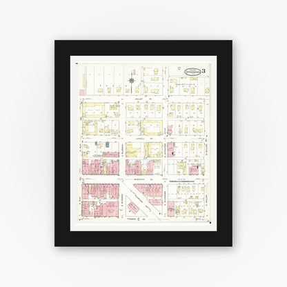 Old map wall art mockup — black gallery frame with white mat — Sanborn Fire Insurance Map from Shenandoah, Page County, Iowa (1914), Sheet #0003