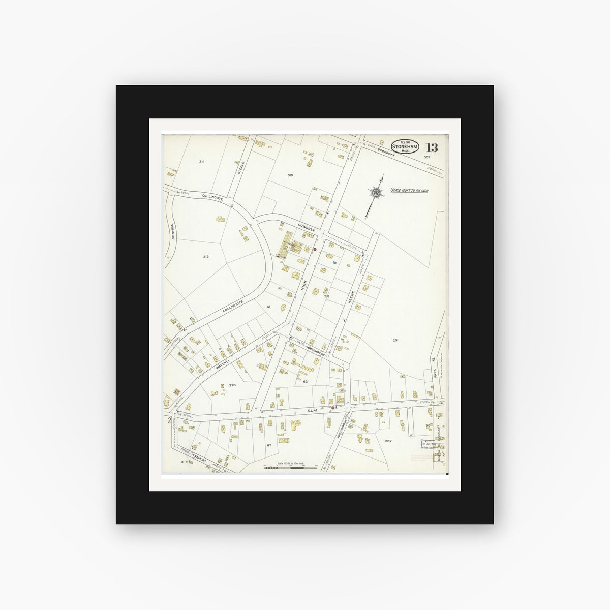 Old map wall art mockup — black gallery frame with white mat — Sanborn Fire Insurance Map from Stoneham, Middlesex County, Massachusetts (1916), Sheet #0013