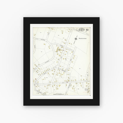 Old map wall art mockup — black gallery frame with white mat — Sanborn Fire Insurance Map from Stoneham, Middlesex County, Massachusetts (1916), Sheet #0013