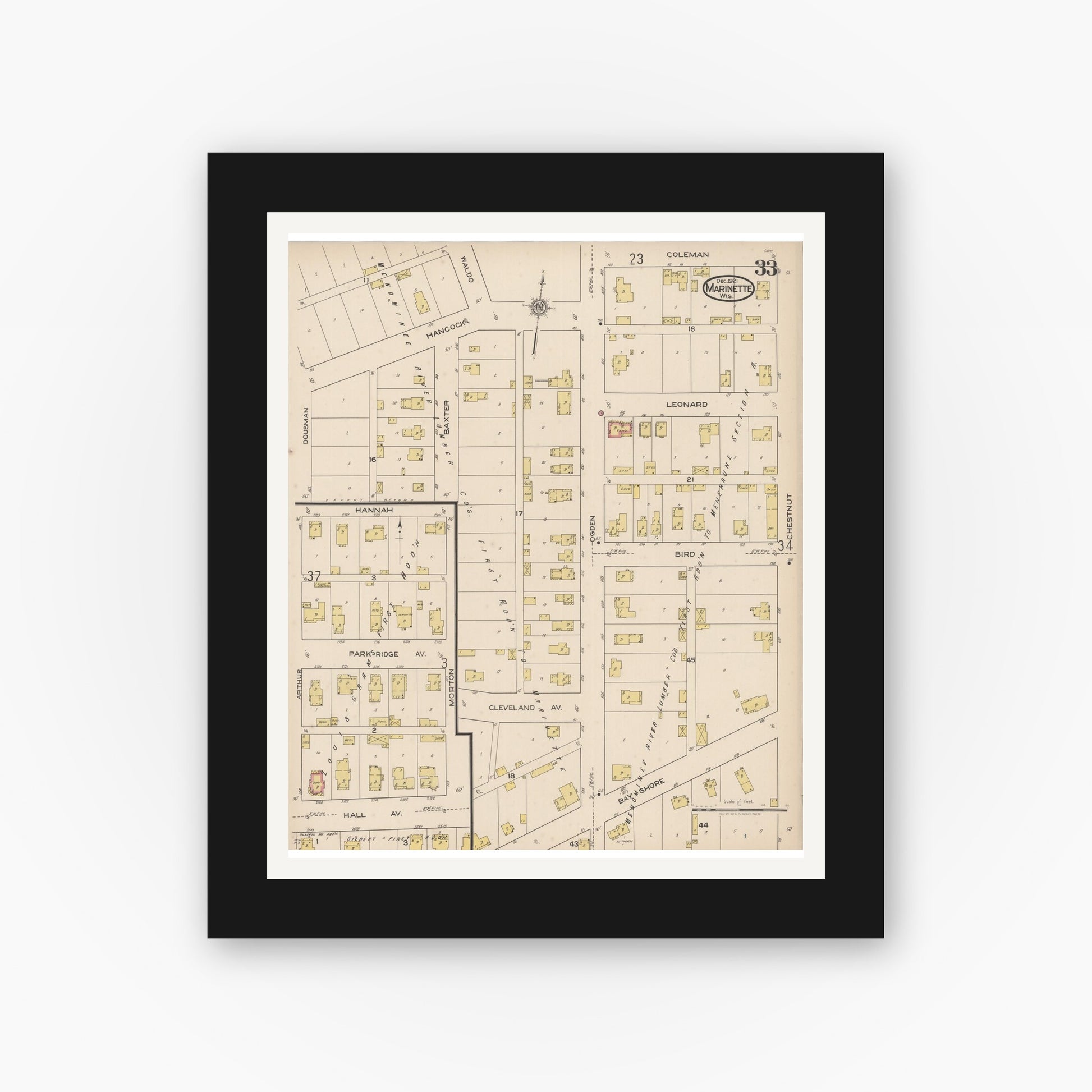 Old map wall art mockup — black gallery frame with white mat — Sanborn Fire Insurance Map from Marinette, Marinette County, Wisconsin (1921), Sheet #0033