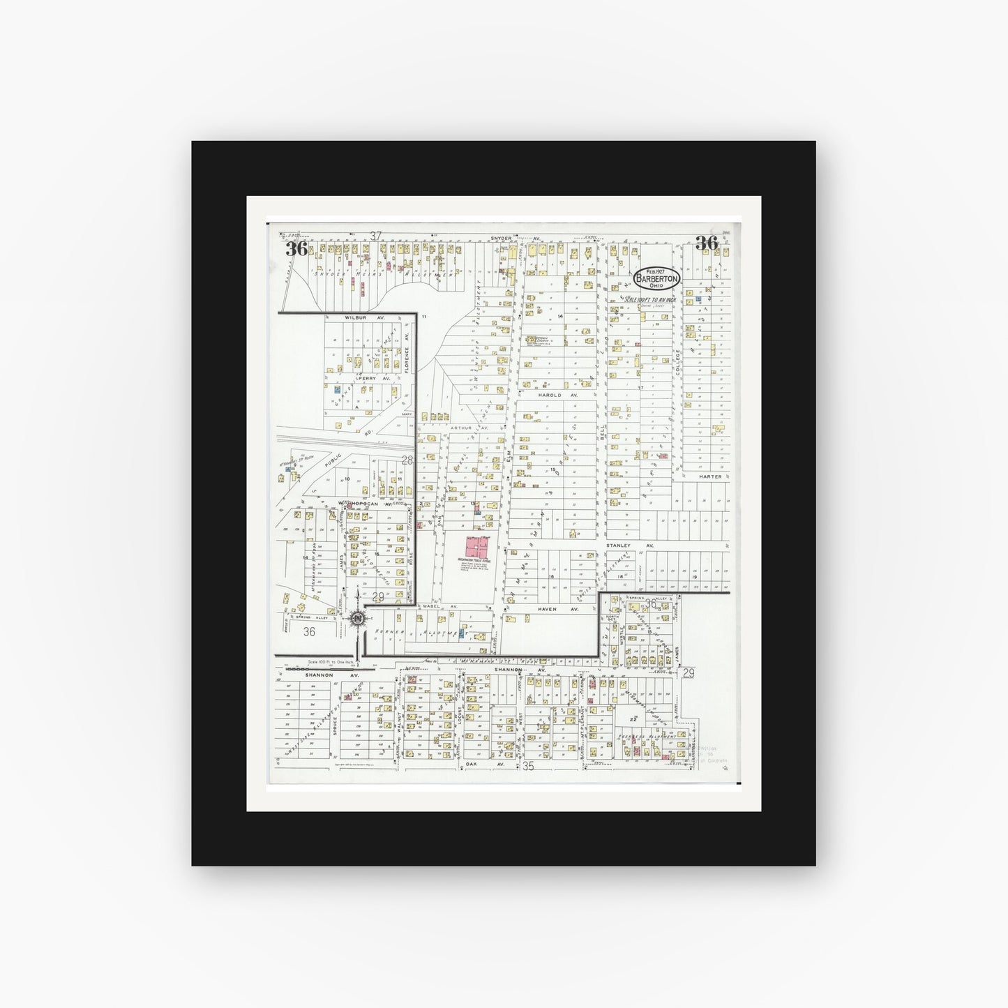 Old map wall art mockup — black gallery frame with white mat — Sanborn Fire Insurance Map from Barberton, Summit County, Ohio (1927), Sheet #0036