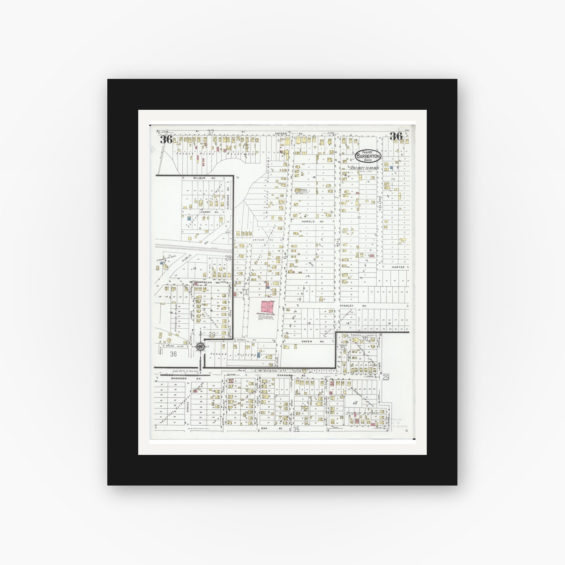 Old map wall art mockup — black gallery frame with white mat — Sanborn Fire Insurance Map from Barberton, Summit County, Ohio (1927), Sheet #0036