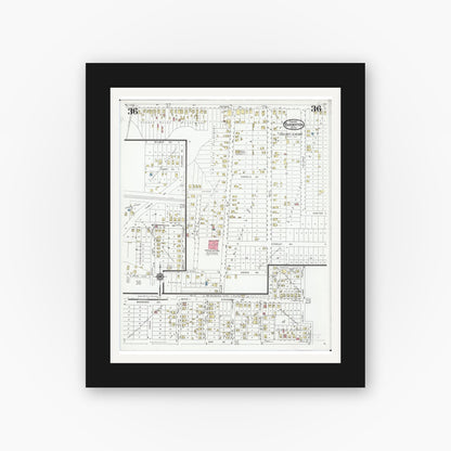 Old map wall art mockup — black gallery frame with white mat — Sanborn Fire Insurance Map from Barberton, Summit County, Ohio (1927), Sheet #0036