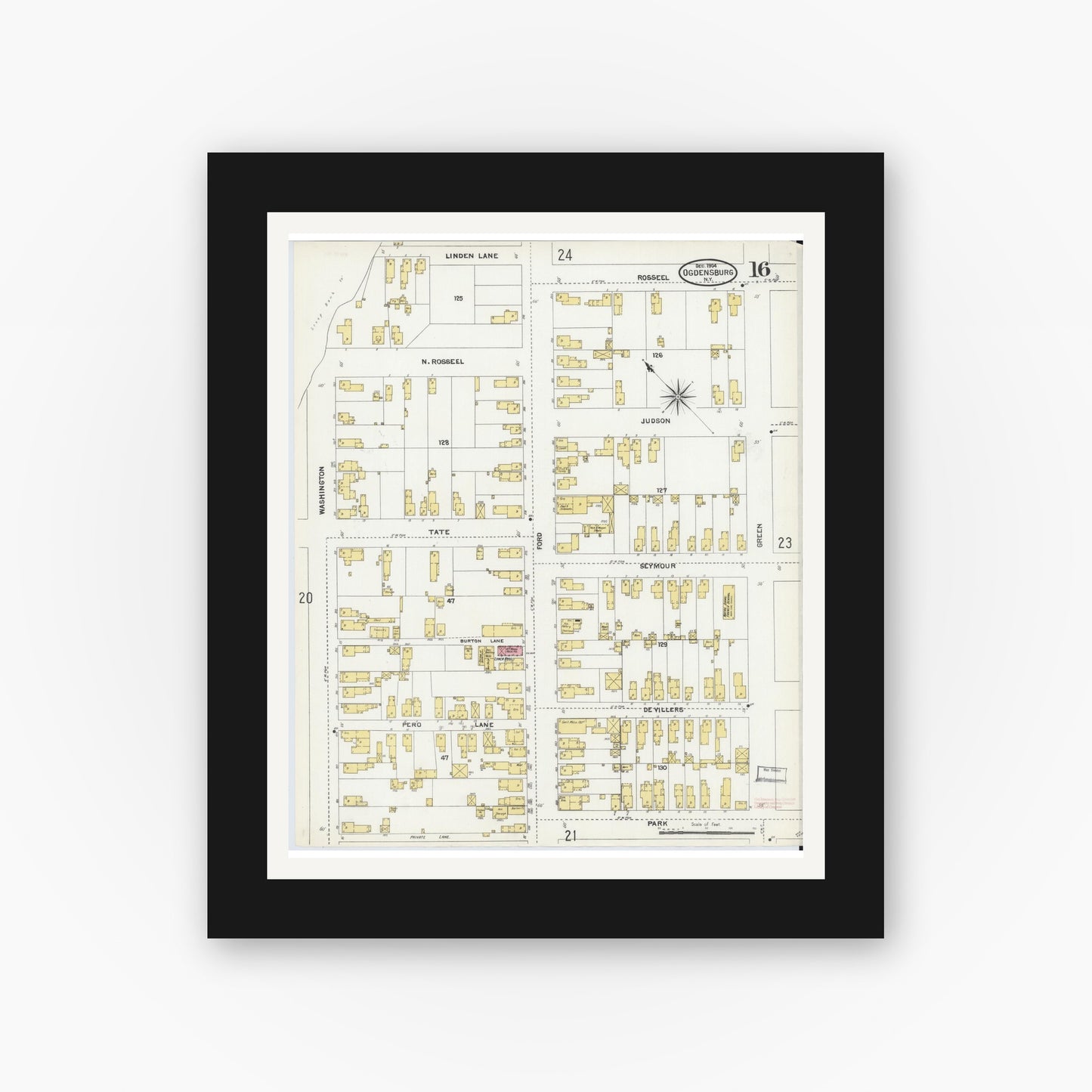 Old map wall art mockup — black gallery frame with white mat — Sanborn Fire Insurance Map from Ogdensburg, St. Lawrence County, New York (1904), Sheet #0016