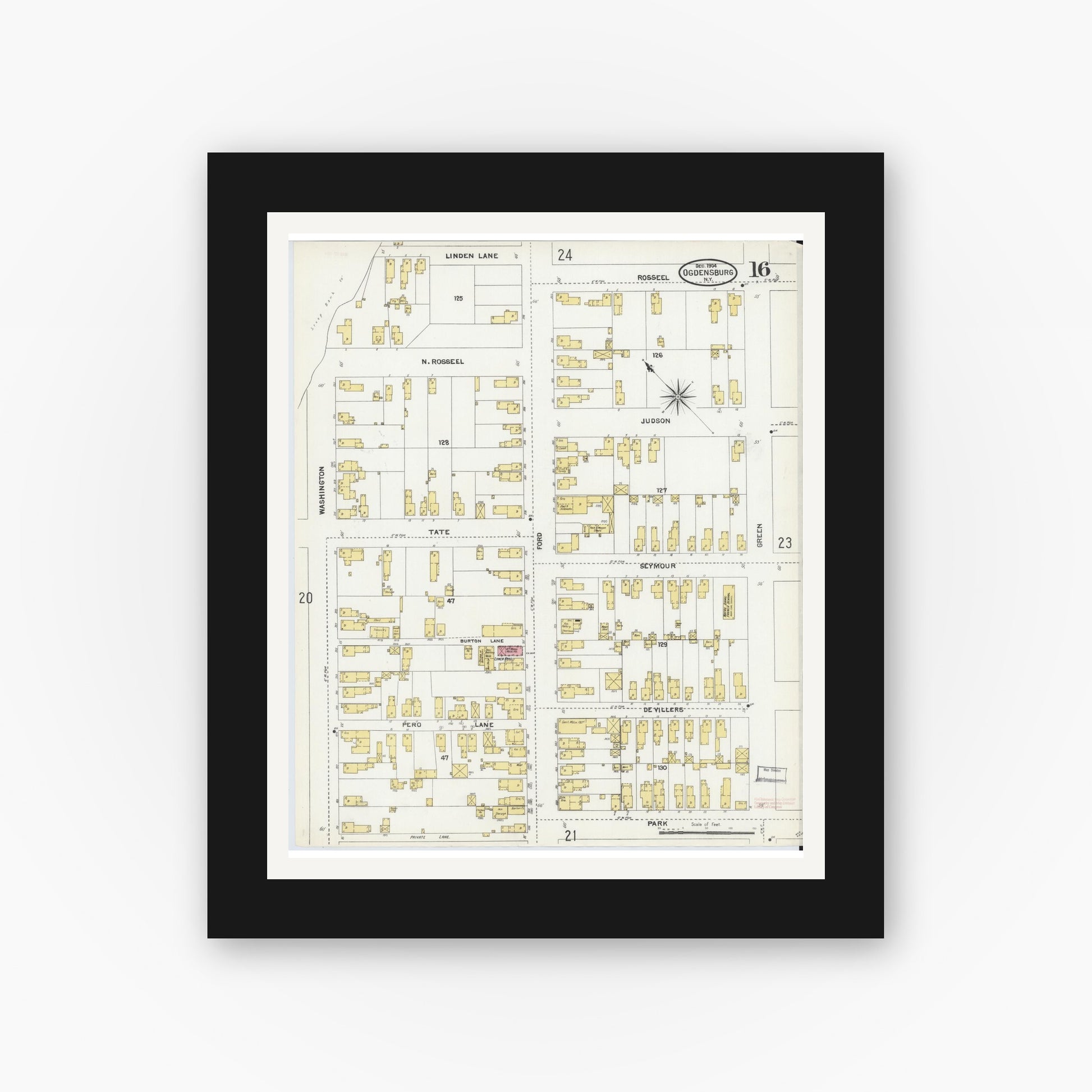 Old map wall art mockup — black gallery frame with white mat — Sanborn Fire Insurance Map from Ogdensburg, St. Lawrence County, New York (1904), Sheet #0016