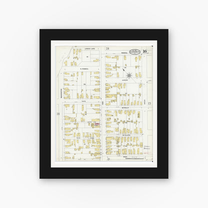 Old map wall art mockup — black gallery frame with white mat — Sanborn Fire Insurance Map from Ogdensburg, St. Lawrence County, New York (1904), Sheet #0016