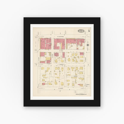 Old map wall art mockup — black gallery frame with white mat — Sanborn Fire Insurance Map from Gainesville, Cooke County, Texas (1922), Sheet #0005
