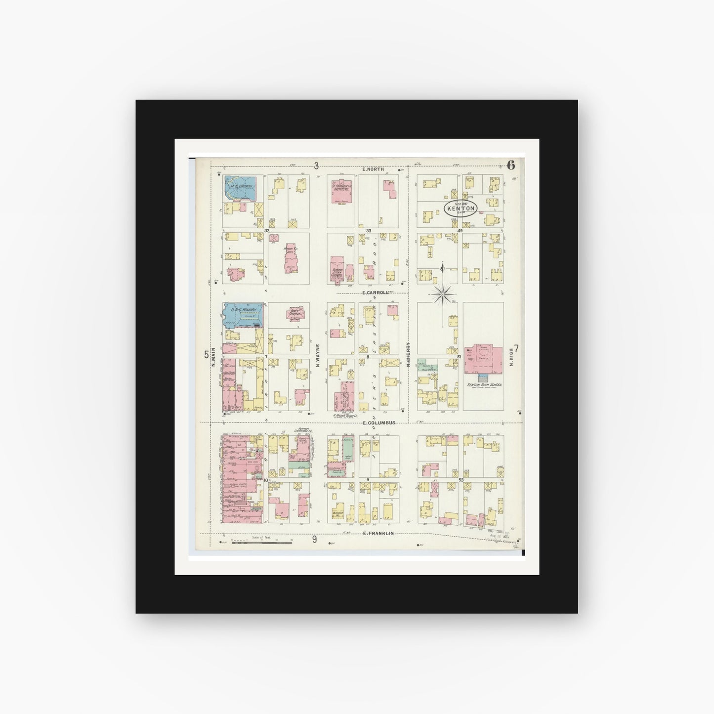 Old map wall art mockup — black gallery frame with white mat — Sanborn Fire Insurance Map from Kenton, Hardin County, Ohio (1897), Sheet #0006