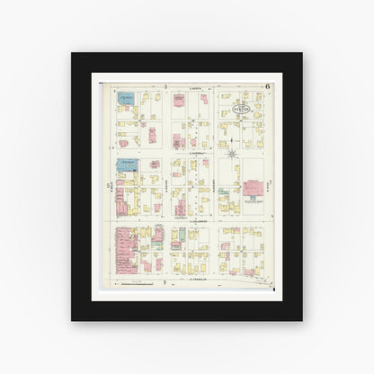 Old map wall art mockup — black gallery frame with white mat — Sanborn Fire Insurance Map from Kenton, Hardin County, Ohio (1897), Sheet #0006