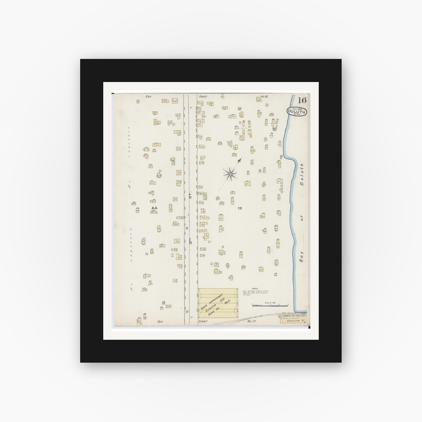 Old map wall art mockup — black gallery frame with white mat — Sanborn Fire Insurance Map from Duluth, Saint Louis County, Minnesota (1885), Sheet #0016