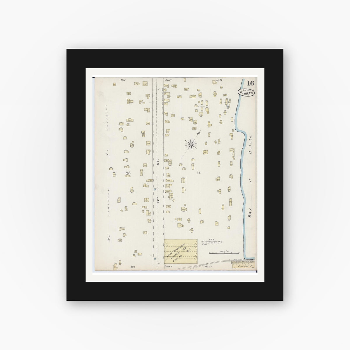 Old map wall art mockup — black gallery frame with white mat — Sanborn Fire Insurance Map from Duluth, Saint Louis County, Minnesota (1885), Sheet #0016