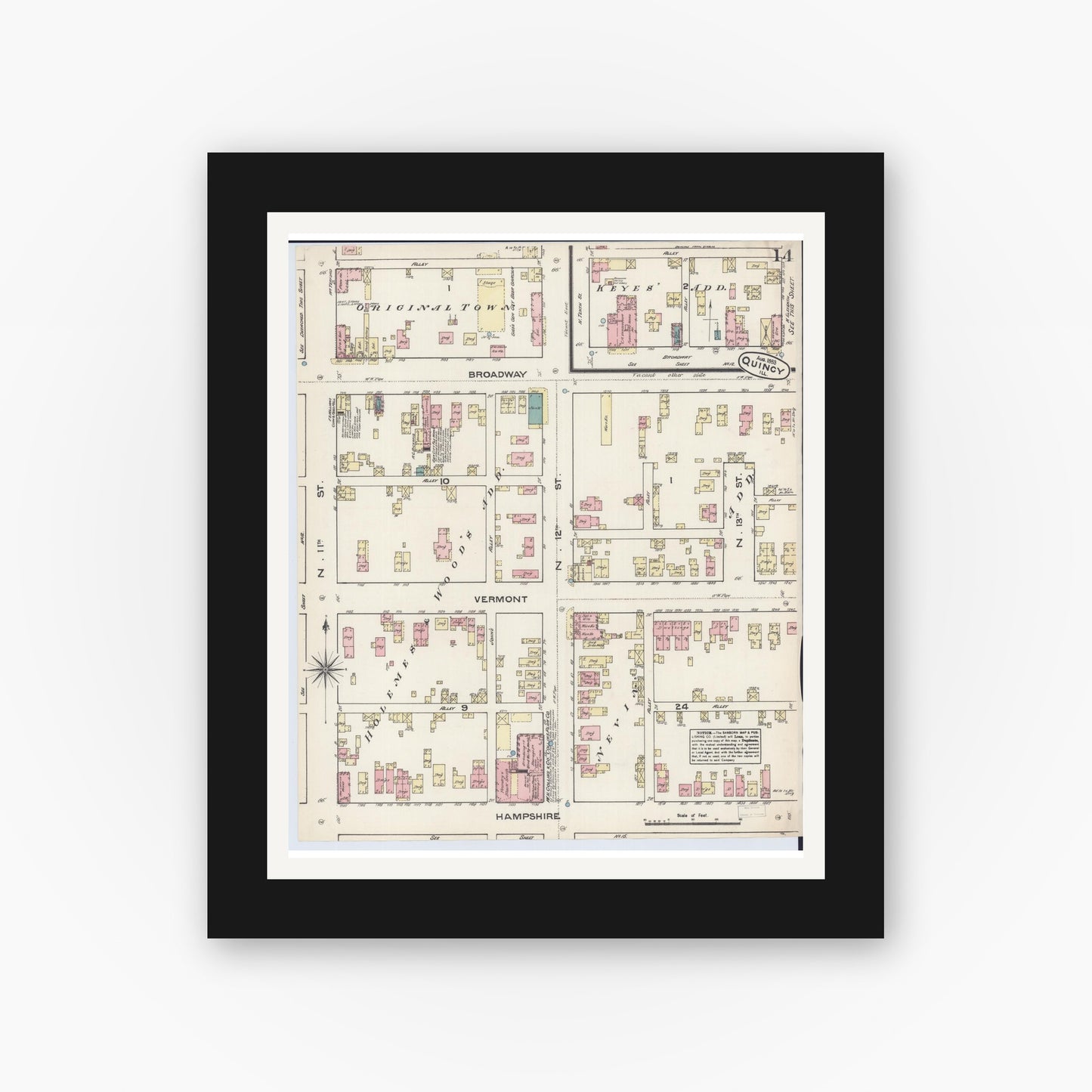 Old map wall art mockup — black gallery frame with white mat — Sanborn Fire Insurance Map from Quincy, Adams County, Illinois (1883), Sheet #0014