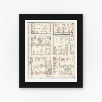 Old map wall art mockup — black gallery frame with white mat — Sanborn Fire Insurance Map from Quincy, Adams County, Illinois (1883), Sheet #0014