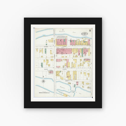 Old map wall art mockup — black gallery frame with white mat — Sanborn Fire Insurance Map from Traverse City, Grand Traverse County, Michigan (1899), Sheet #0002