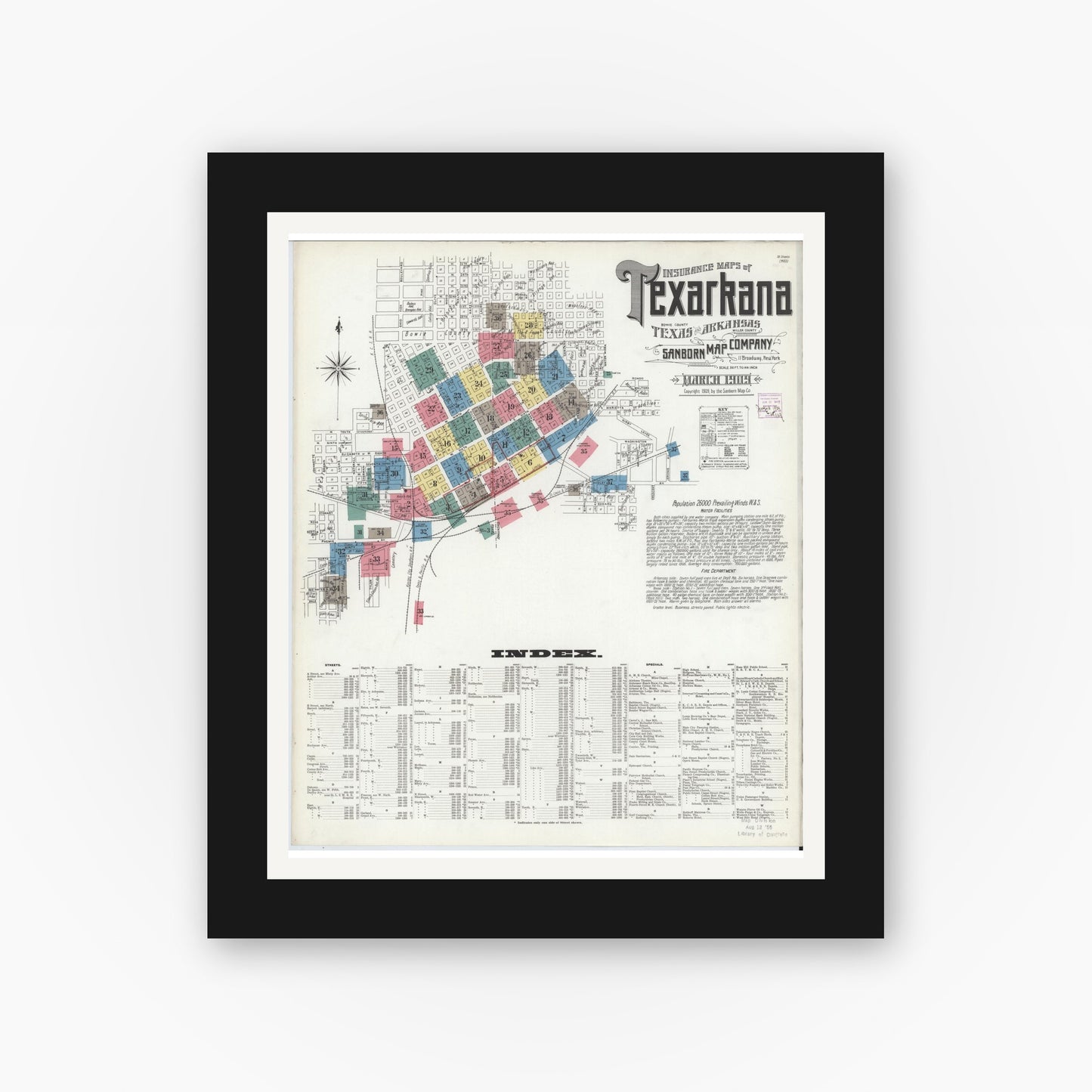 Old map wall art mockup — black gallery frame with white mat — Sanborn Fire Insurance Map from Texarkana, Bowie County, Texas (1909) - Complete Map Set
