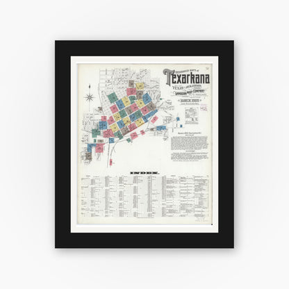 Old map wall art mockup — black gallery frame with white mat — Sanborn Fire Insurance Map from Texarkana, Bowie County, Texas (1909) - Complete Map Set