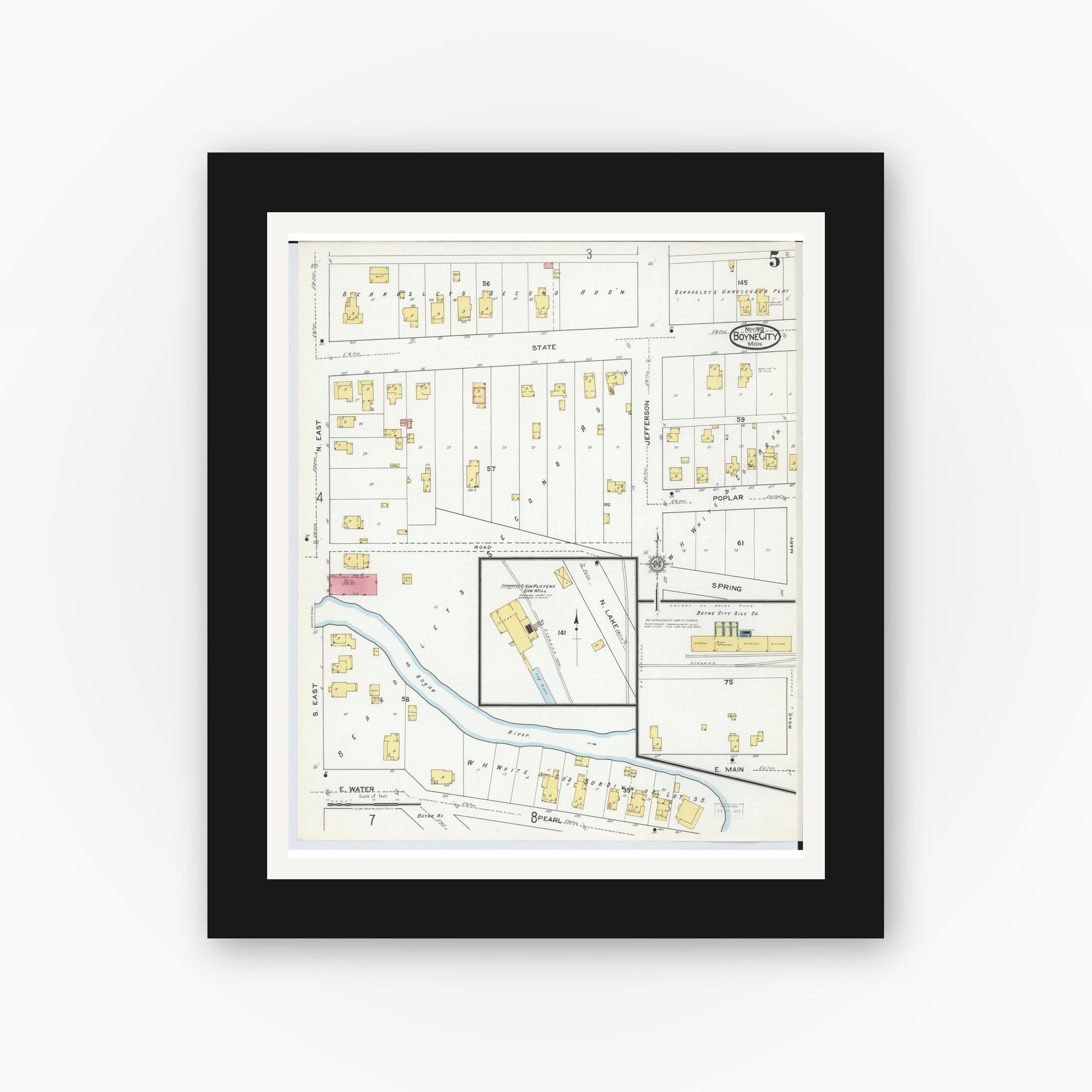 Old map wall art mockup — black gallery frame with white mat — Sanborn Fire Insurance Map from Boyne City, Charlevoix County, Michigan (1919), Sheet #0005
