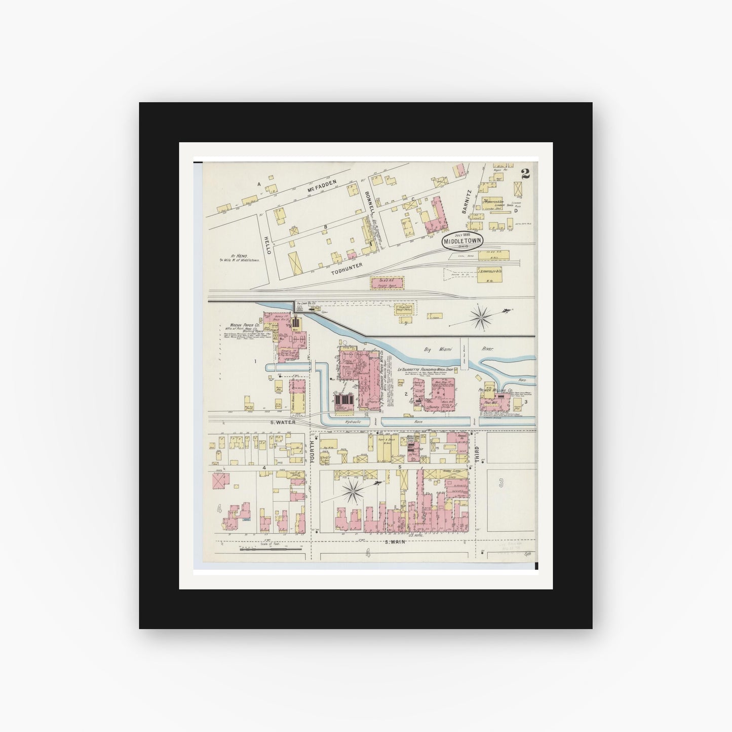 Old map wall art mockup — black gallery frame with white mat — Sanborn Fire Insurance Map from Middletown, Butler County, Ohio (1895), Sheet #0002