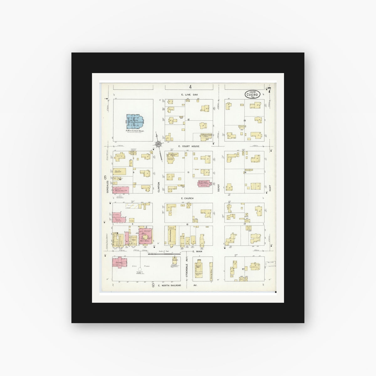 Old map wall art mockup — black gallery frame with white mat — Sanborn Fire Insurance Map from Cuero, De Witt County, Texas (1912), Sheet #0007