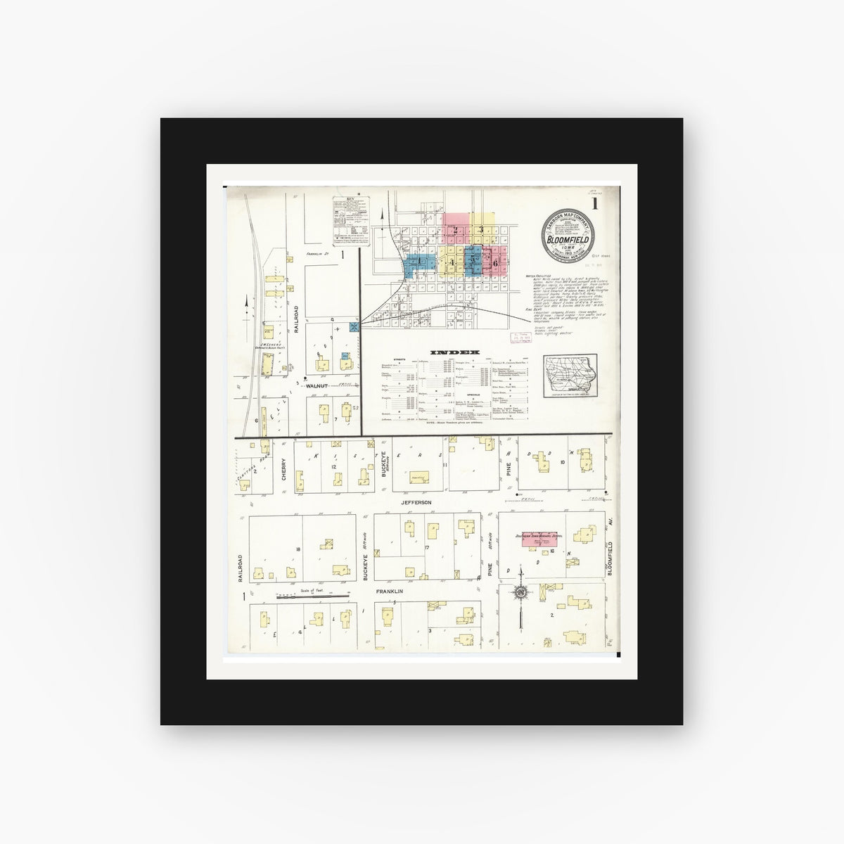 Old map wall art mockup — black gallery frame with white mat — Sanborn Fire Insurance Map from Bloomfield, Davis County, Iowa (1913), Sheet #0001