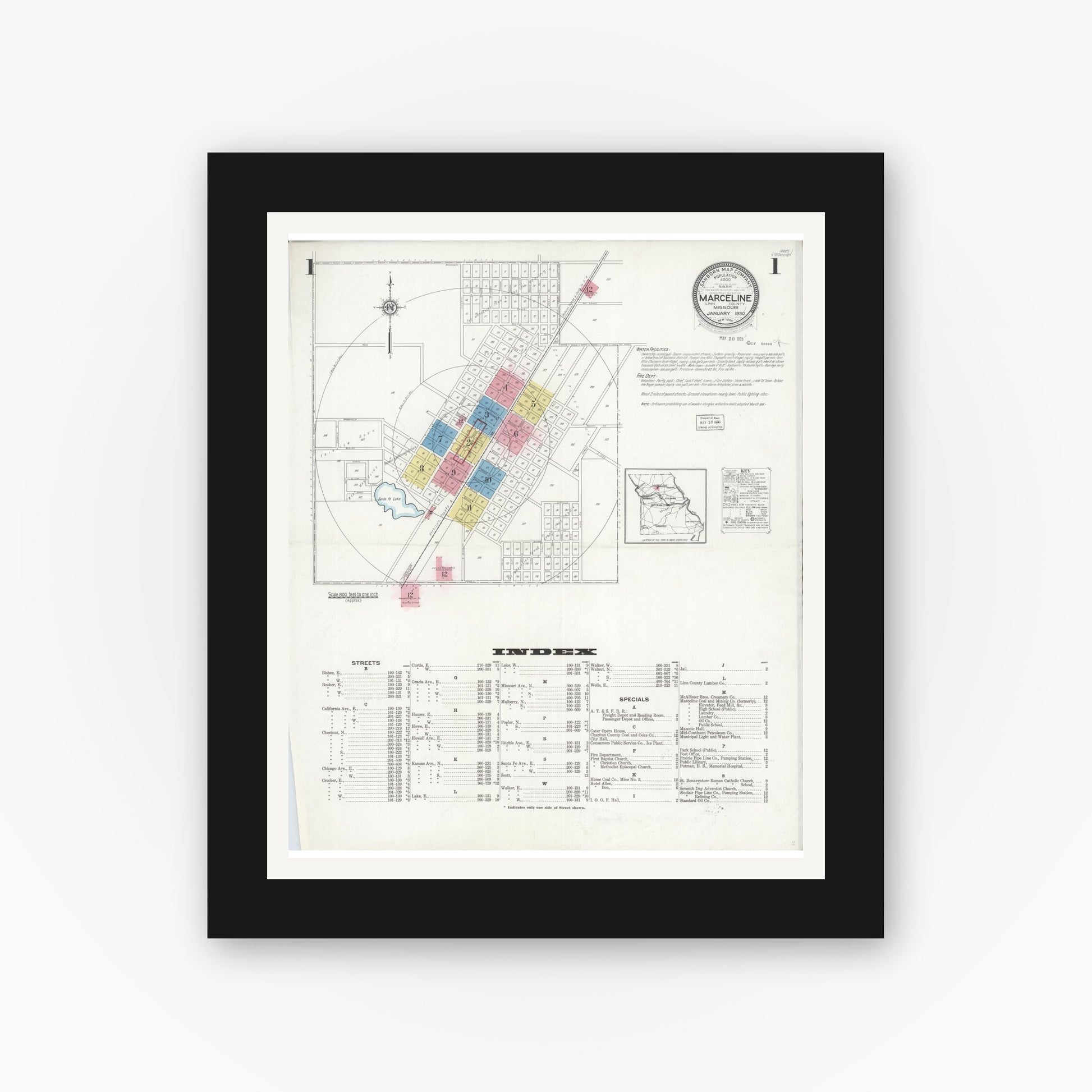 Old map wall art mockup — black gallery frame with white mat — Sanborn Fire Insurance Map from Marceline, Linn County, Missouri (1930), Sheet #0001