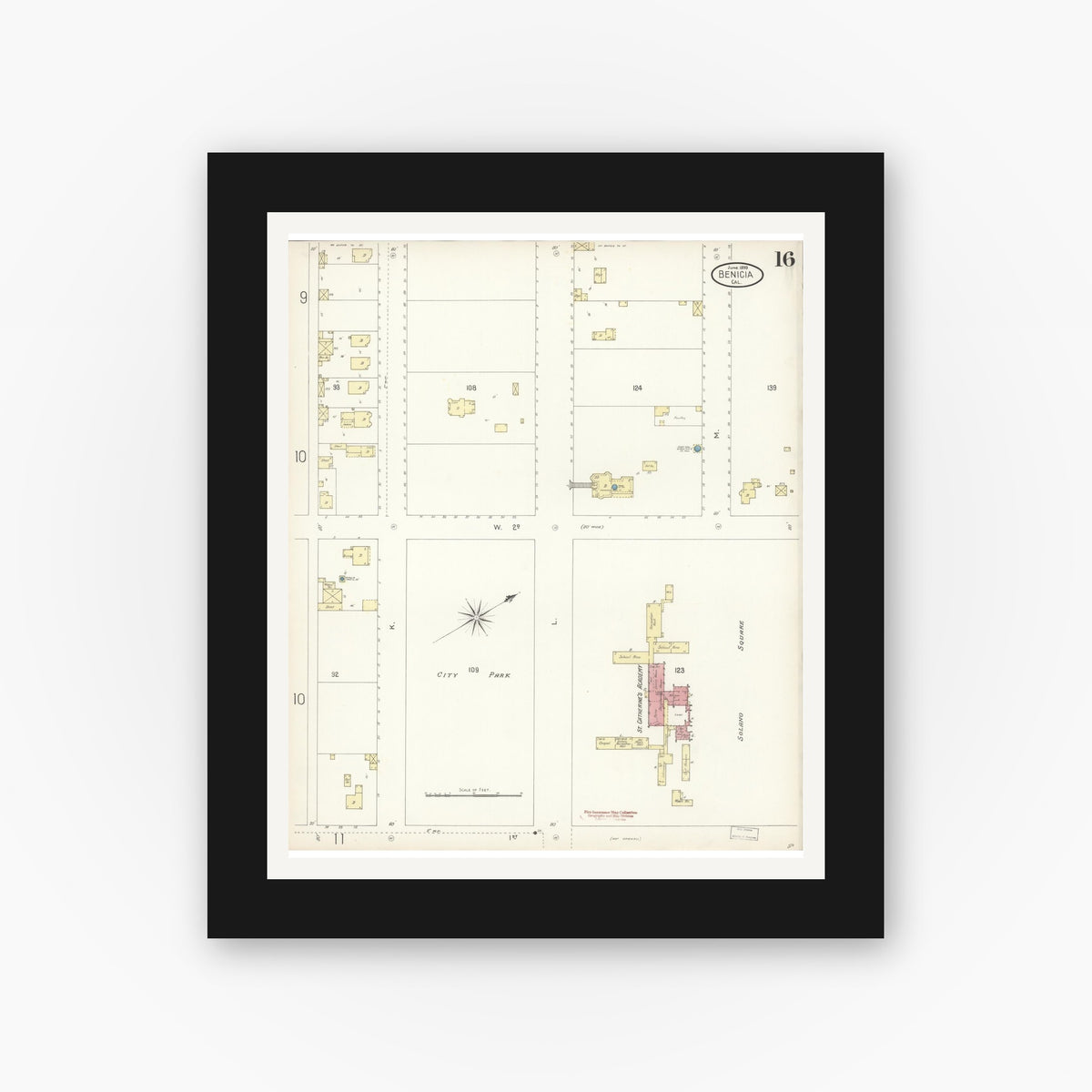 Old map wall art mockup — black gallery frame with white mat — Sanborn Fire Insurance Map from Benicia, Solano County, California (1899), Sheet #0016