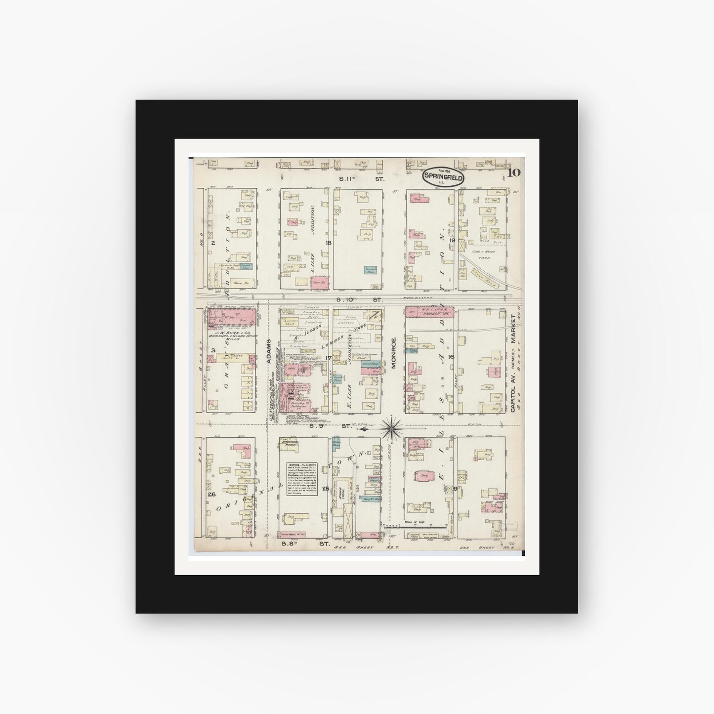 Old map wall art mockup — black gallery frame with white mat — Sanborn Fire Insurance Map from Springfield, Sangamon County, Illinois (1884), Sheet #0010