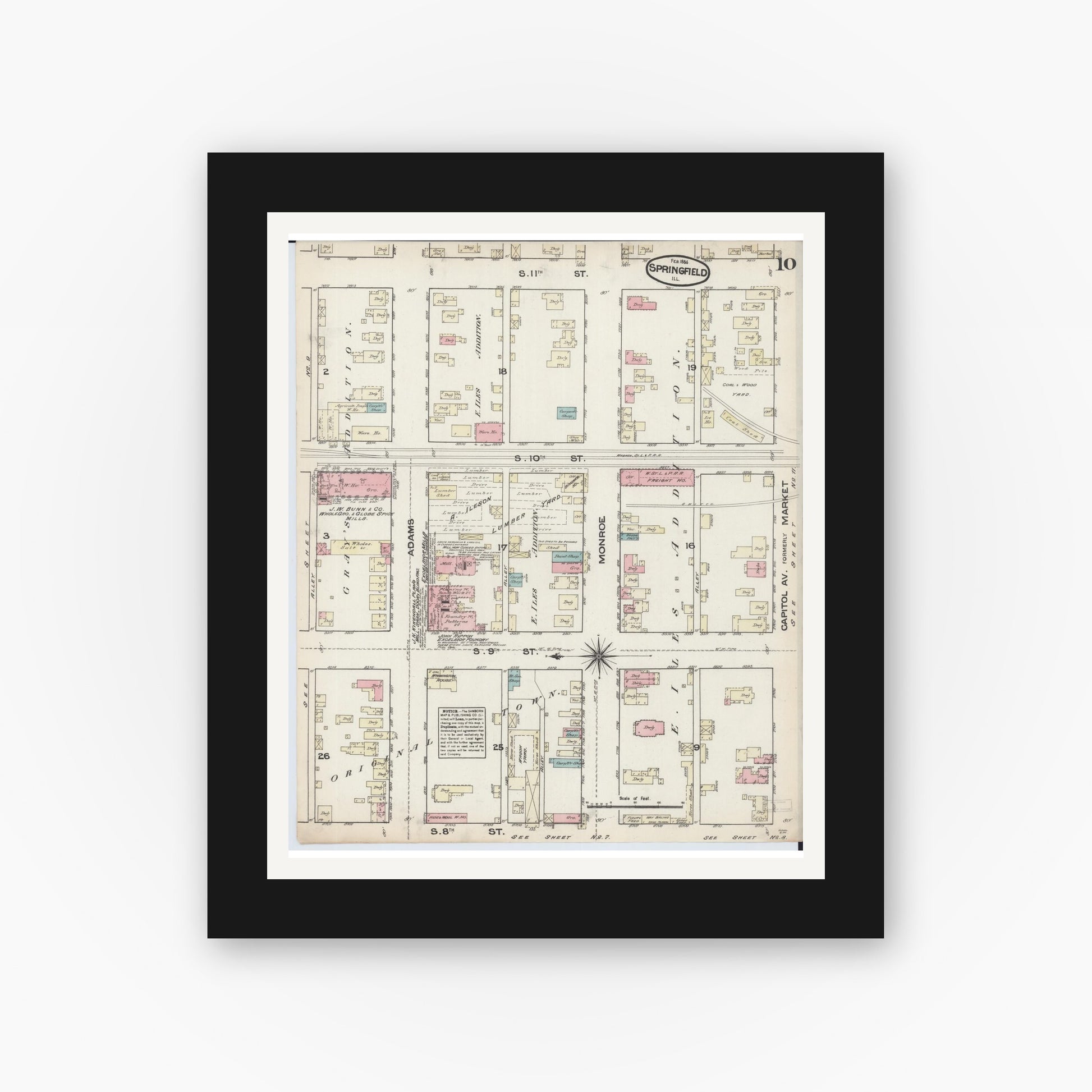 Old map wall art mockup — black gallery frame with white mat — Sanborn Fire Insurance Map from Springfield, Sangamon County, Illinois (1884), Sheet #0010