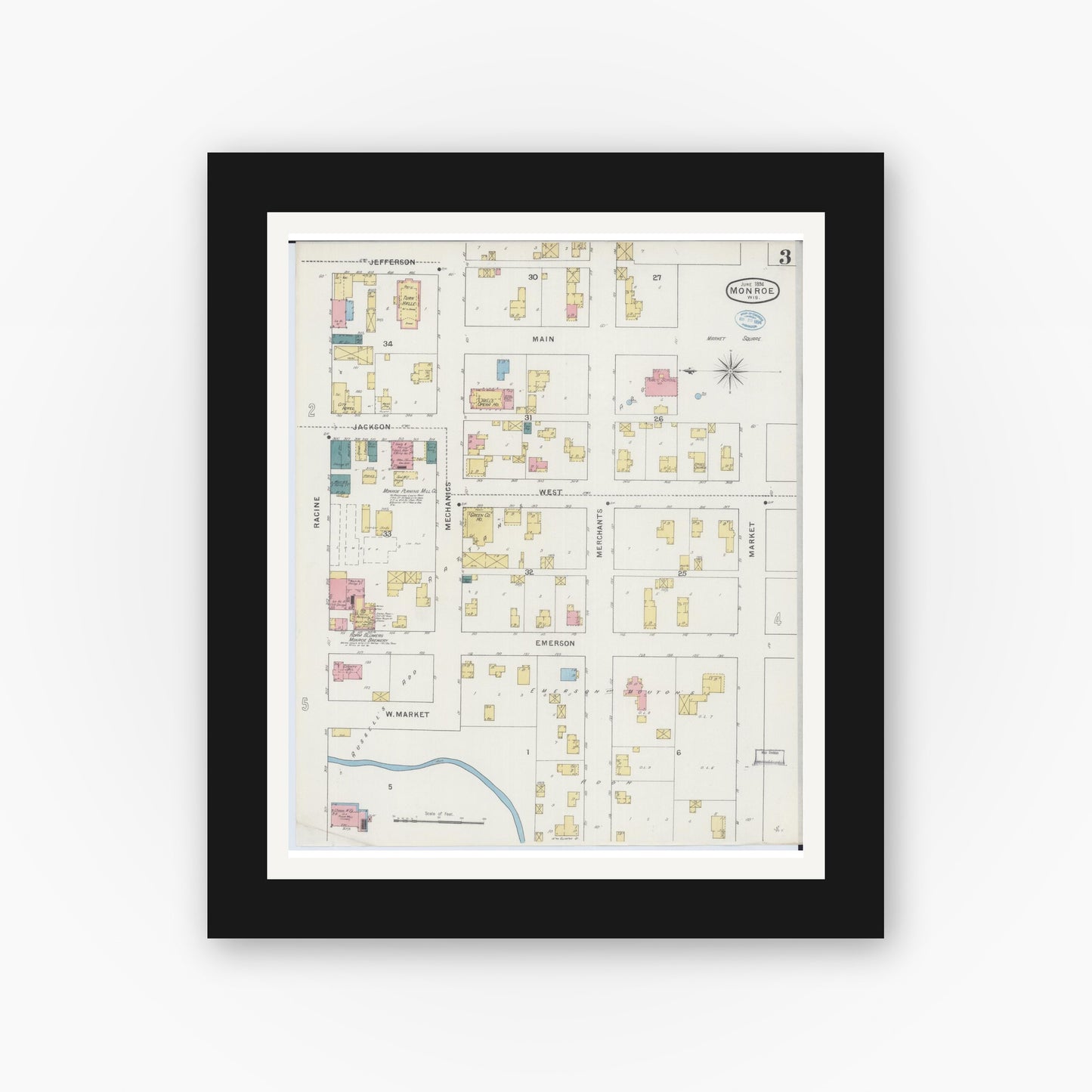 Old map wall art mockup — black gallery frame with white mat — Sanborn Fire Insurance Map from Monroe, Green County, Wisconsin (1894), Sheet #0003