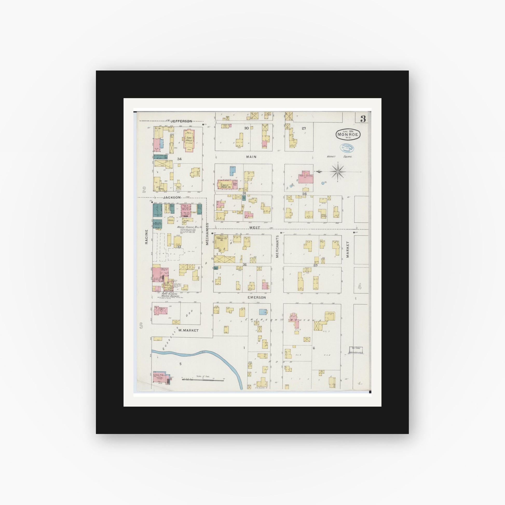Old map wall art mockup — black gallery frame with white mat — Sanborn Fire Insurance Map from Monroe, Green County, Wisconsin (1894), Sheet #0003