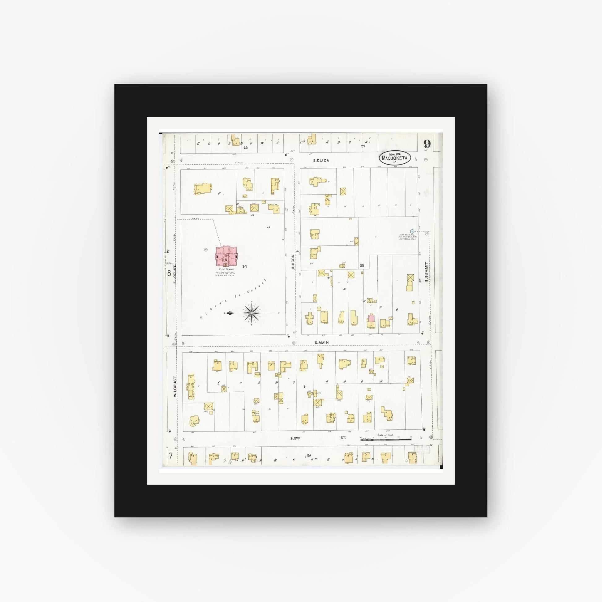 Old map wall art mockup — black gallery frame with white mat — Sanborn Fire Insurance Map from Maquoketa, Jackson County, Iowa (1906), Sheet #0009