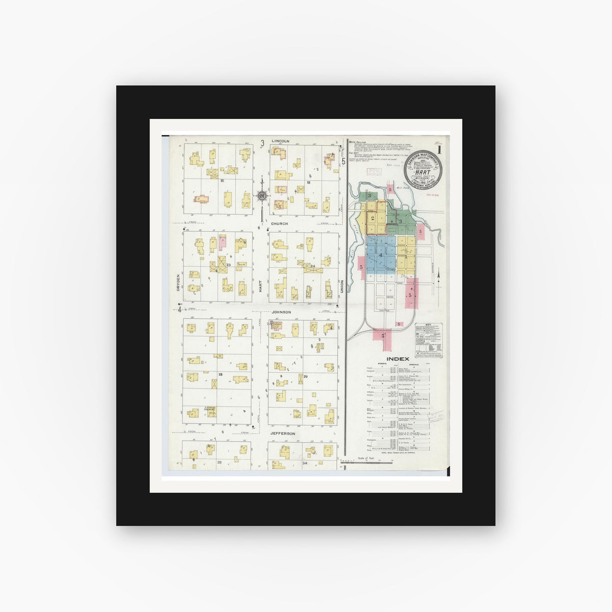 Old map wall art mockup — black gallery frame with white mat — Sanborn Fire Insurance Map from Hart, Oceana County, Michigan (1910), Sheet #0001