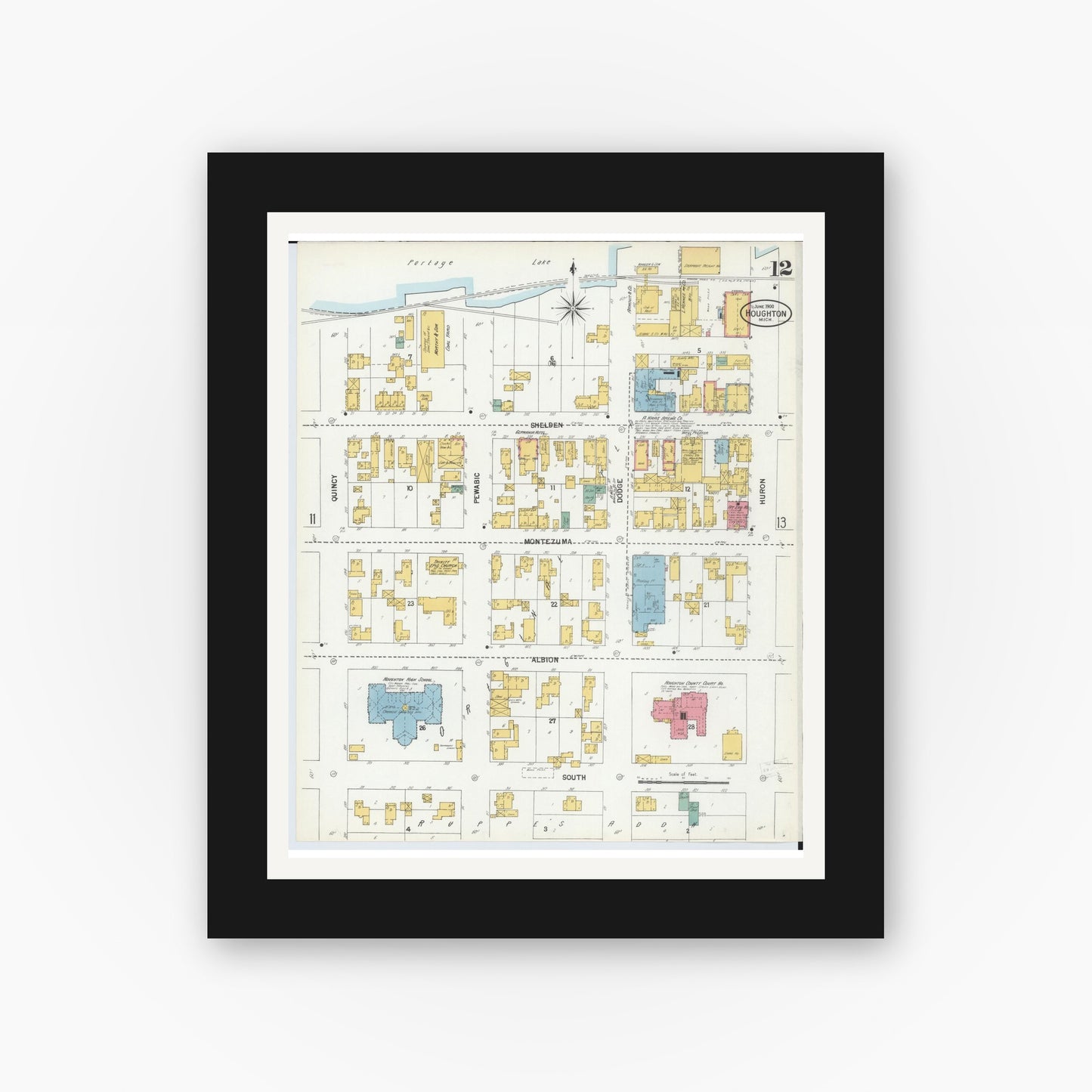 Old map wall art mockup — black gallery frame with white mat — Sanborn Fire Insurance Map from Houghton, Houghton County, Michigan (1900), Sheet #0012