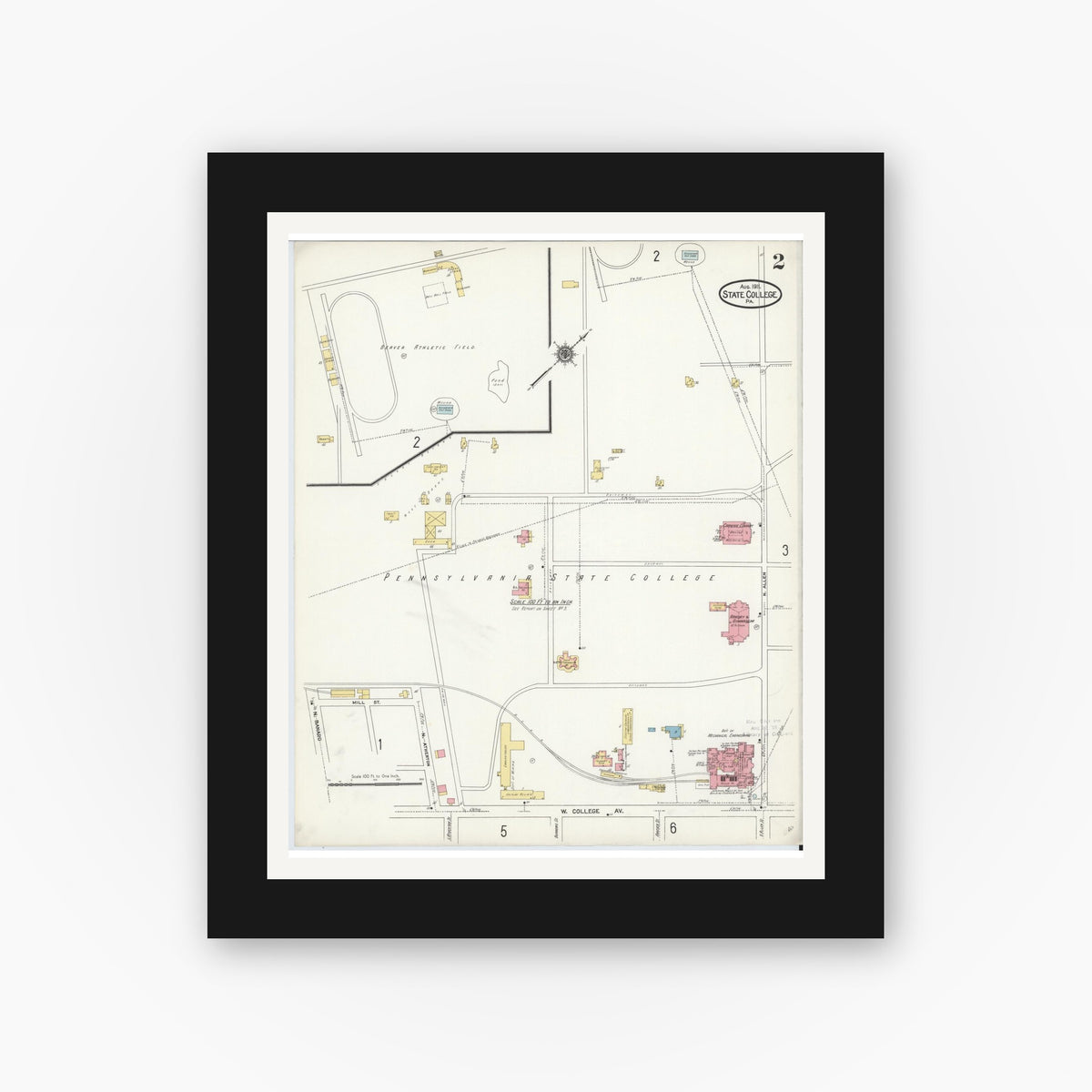 Old map wall art mockup — black gallery frame with white mat — Sanborn Fire Insurance Map from State College, Centre County, Pennsylvania (1911), Sheet #0002