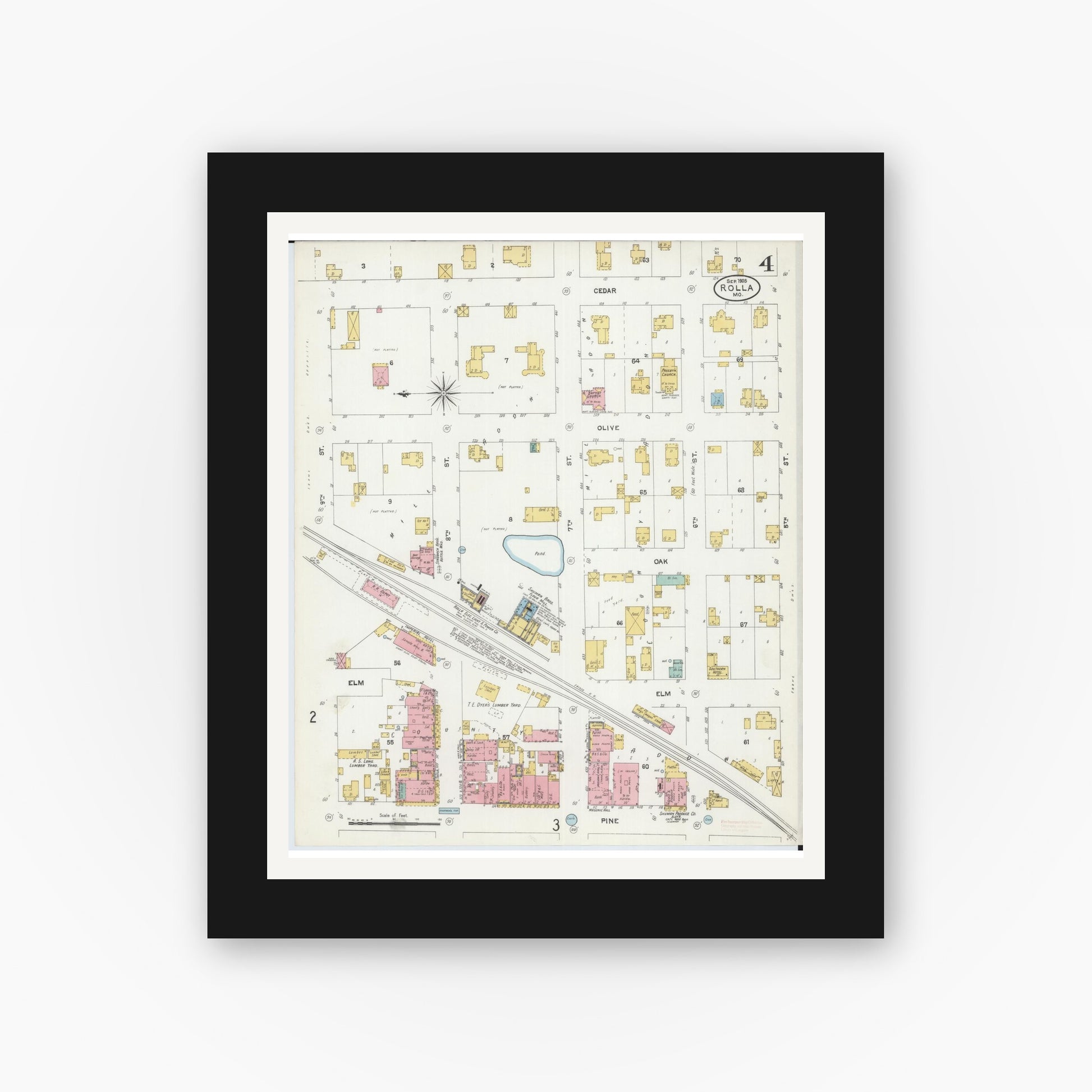 Old map wall art mockup — black gallery frame with white mat — Sanborn Fire Insurance Map from Rolla, Phelps County, Missouri (1905), Sheet #0004