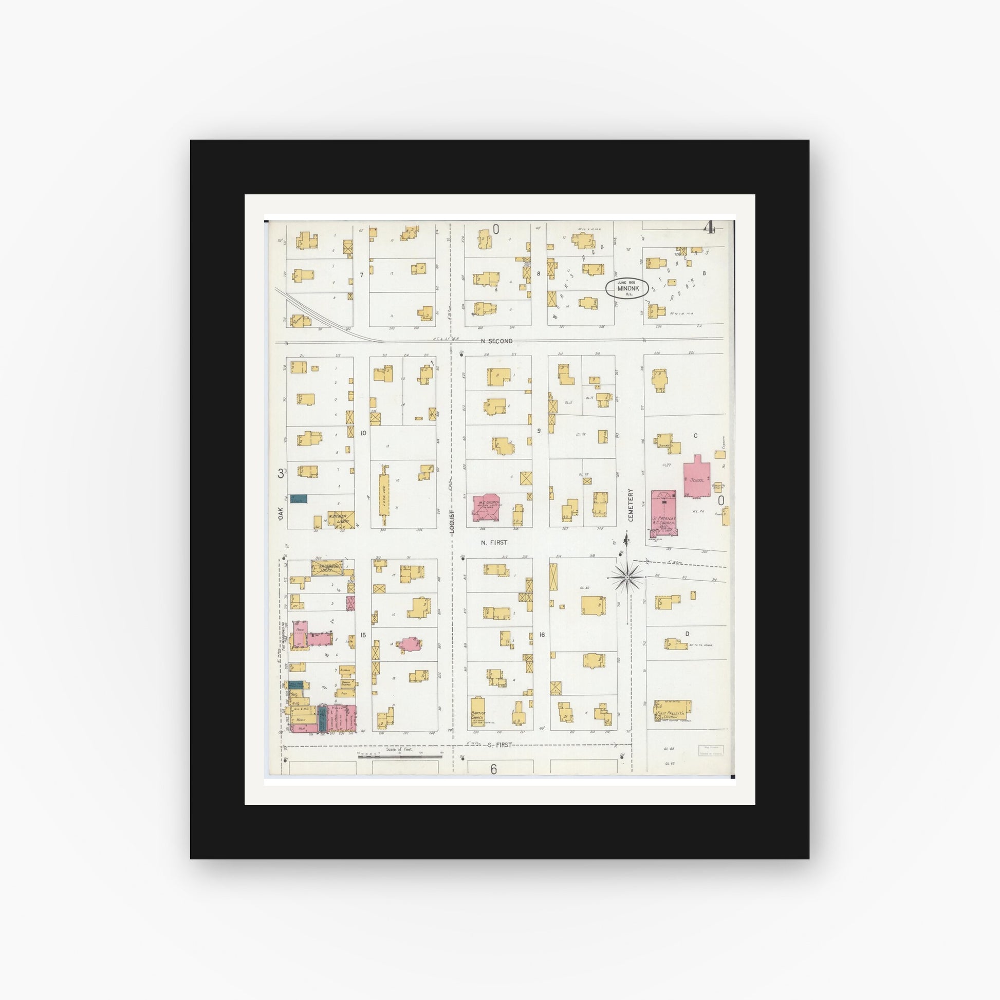 Old map wall art mockup — black gallery frame with white mat — Sanborn Fire Insurance Map from Minonk, Woodford County, Illinois (1906), Sheet #0004