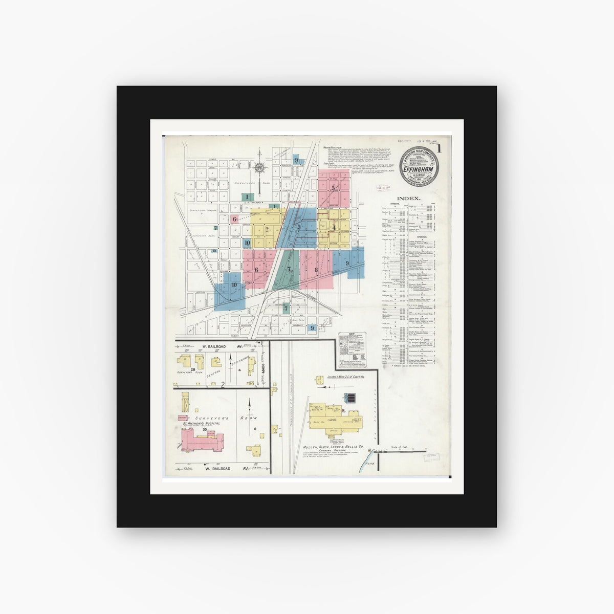 Old map wall art mockup — black gallery frame with white mat — Sanborn Fire Insurance Map from Effingham, Effingham County, Illinois (1911) - Complete Map Set