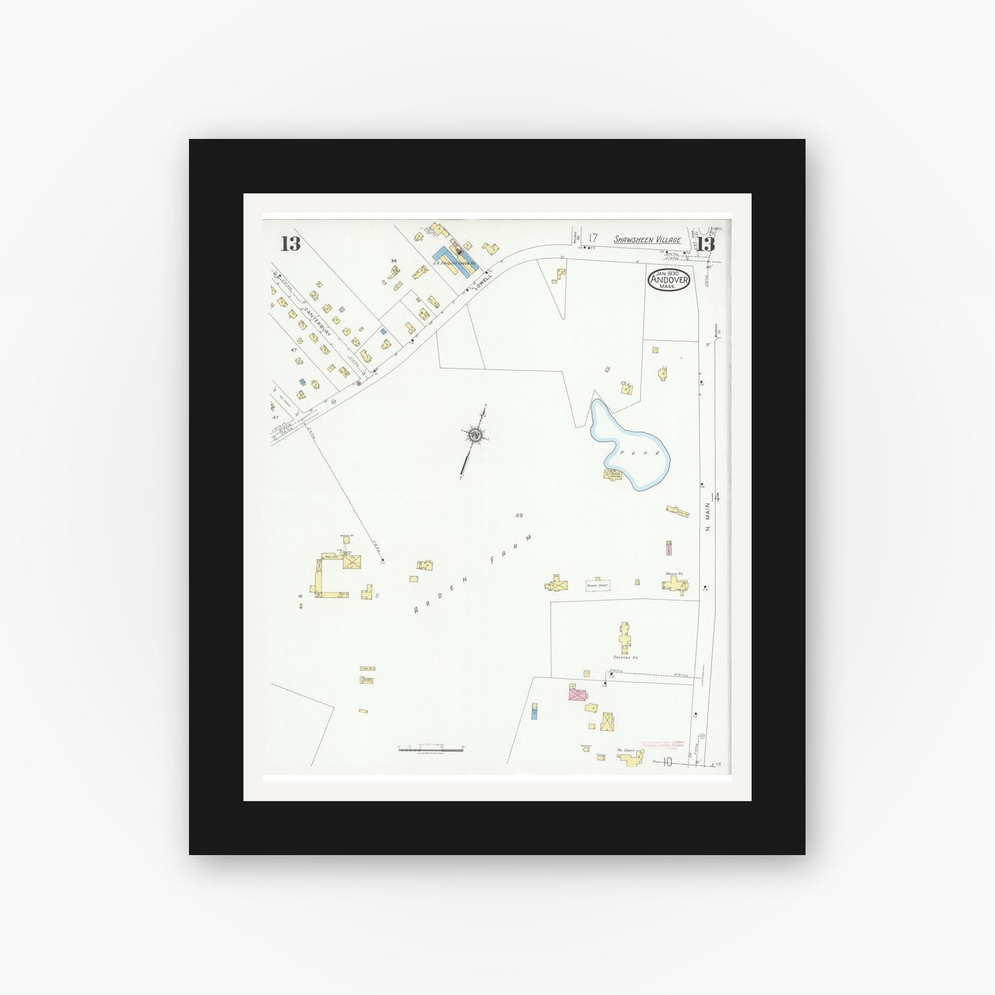 Old map wall art mockup — black gallery frame with white mat — Sanborn Fire Insurance Map from Andover, Essex County, Massachusetts (1930), Sheet #0013