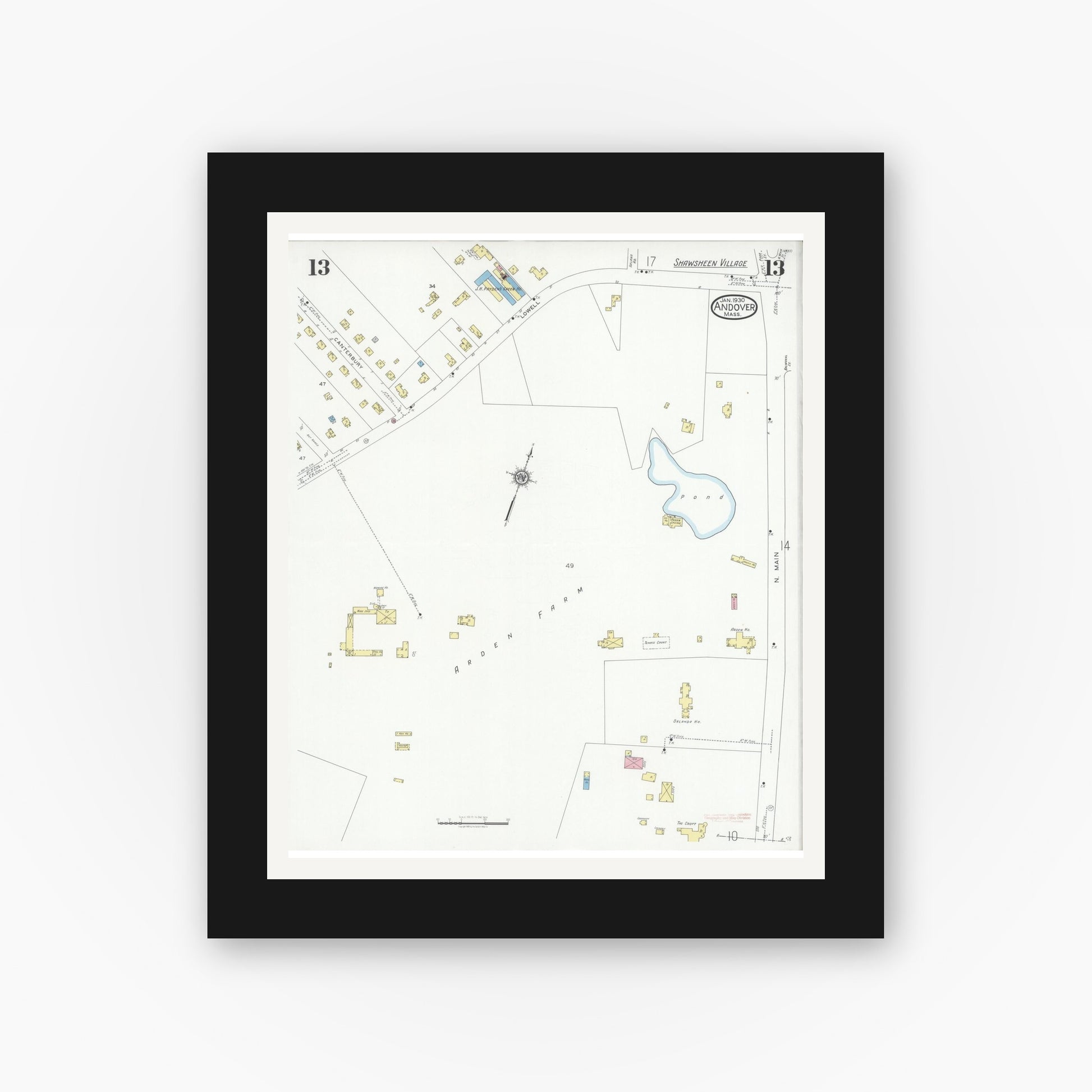 Old map wall art mockup — black gallery frame with white mat — Sanborn Fire Insurance Map from Andover, Essex County, Massachusetts (1930), Sheet #0013