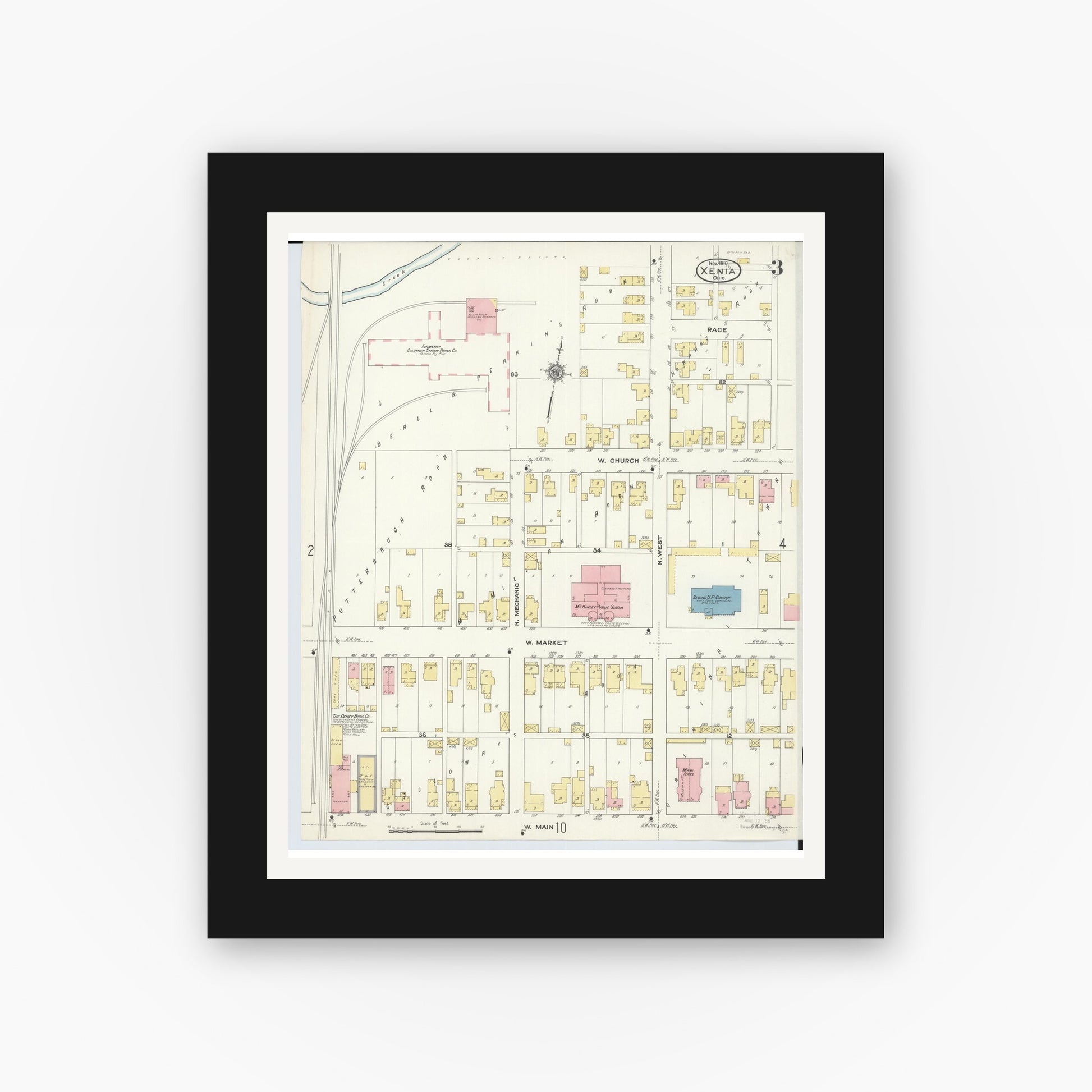 Old map wall art mockup — black gallery frame with white mat — Sanborn Fire Insurance Map from Xenia, Greene County, Ohio (1910), Sheet #0003