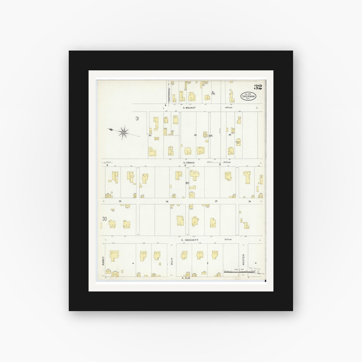 Old map wall art mockup — black gallery frame with white mat — Sanborn Fire Insurance Map from Sherman, Grayson County, Texas (1908), Sheet #0032
