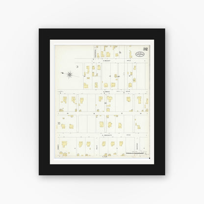Old map wall art mockup — black gallery frame with white mat — Sanborn Fire Insurance Map from Sherman, Grayson County, Texas (1908), Sheet #0032
