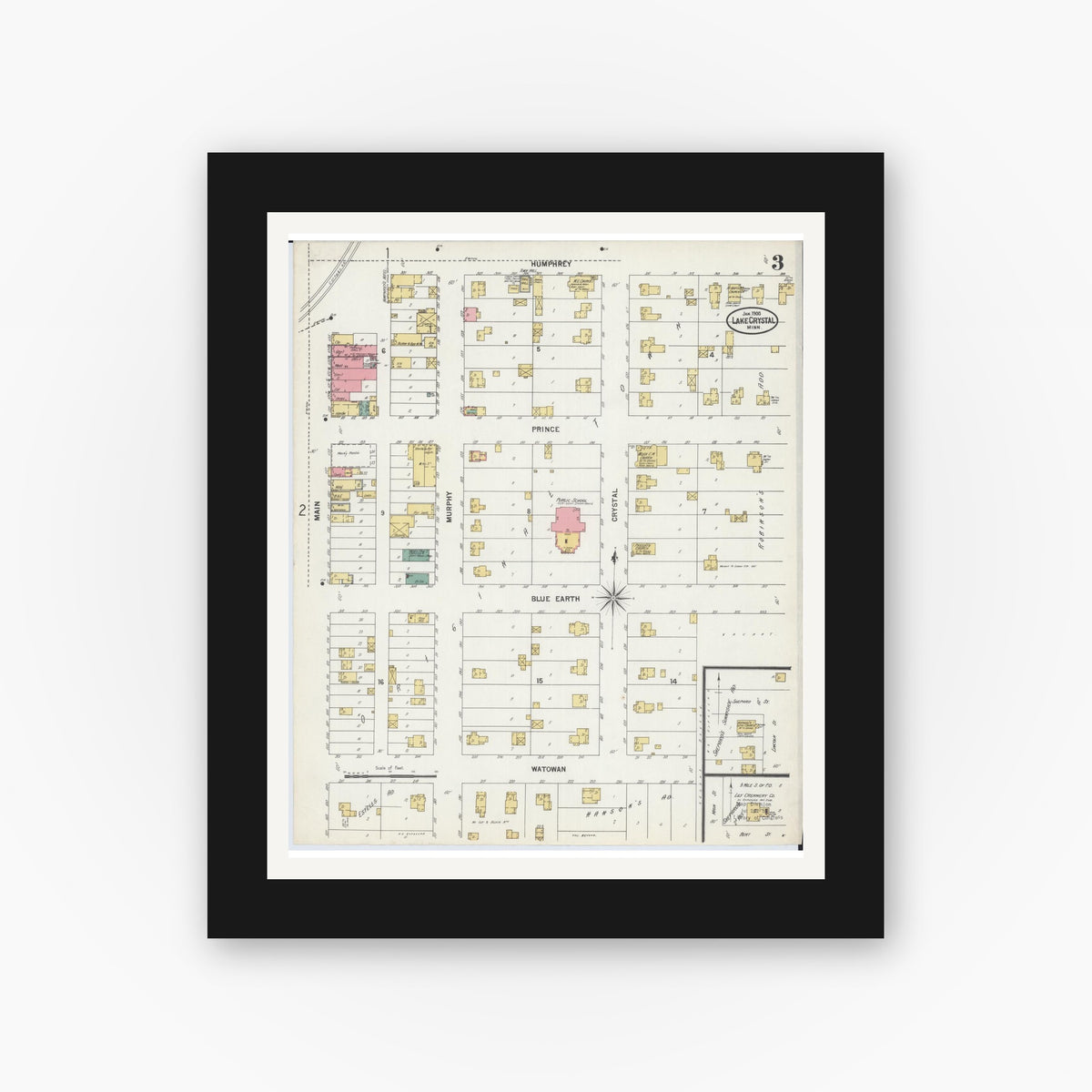 Old map wall art mockup — black gallery frame with white mat — Sanborn Fire Insurance Map from Lake Crystal, Blue Earth County, Minnesota (1900), Sheet #0003