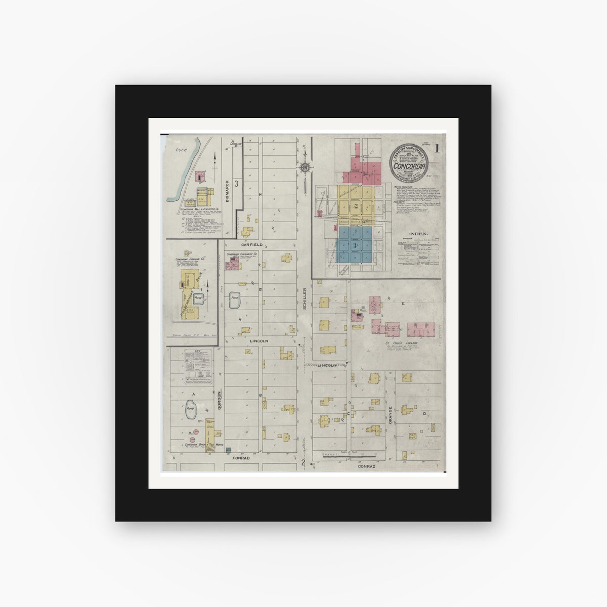 Old map wall art mockup — black gallery frame with white mat — Sanborn Fire Insurance Map from Concordia, Lafayette County, Missouri (1909) - Complete Map Set